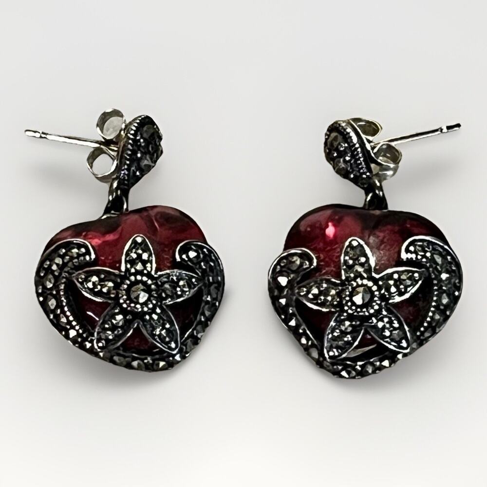 Vintage Art Deco Style Silver Plated Ruby Glass Heart Marcasite Earrings PAJ